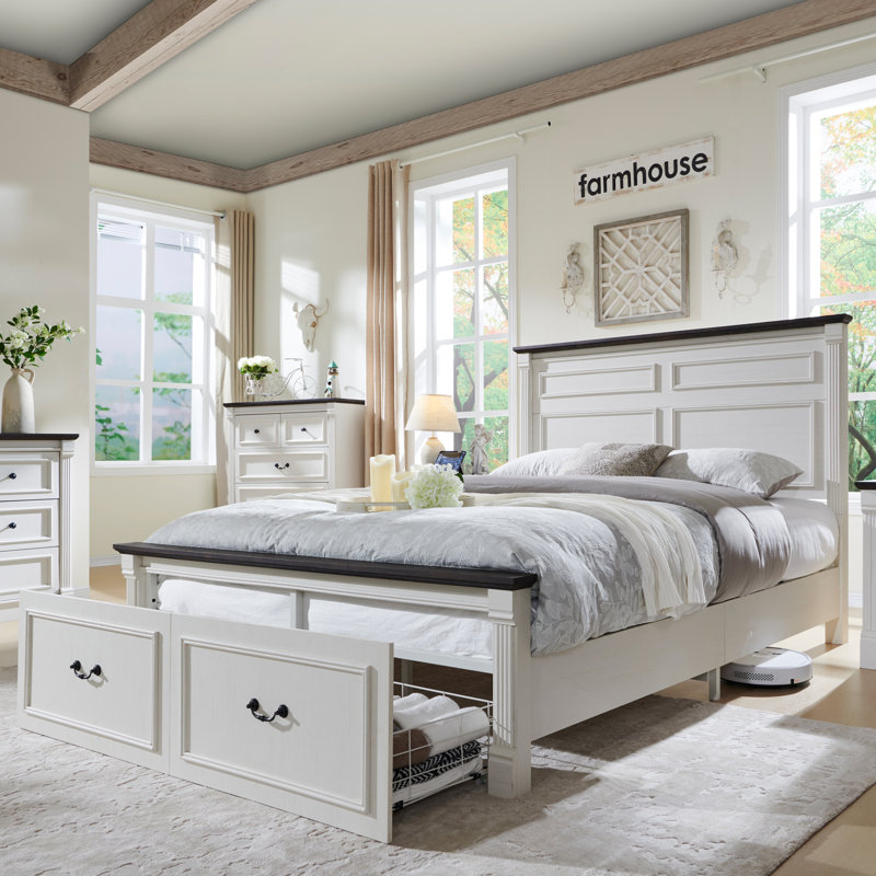 Burlington Farmhouse Full Size Bed Frame with 51" Tall Headboard, Wood Platform Bed Frame with 20" Tall Roman Column Decoration Footboard & 2 Large Storage Drawers, No Box Spring Needed