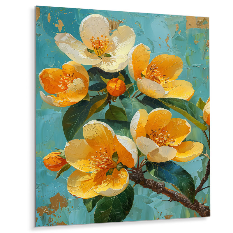 Fleur de pommier jaune et bleu - Blooming Beauty, Sans cadre, métal, H 12 po x l 20 po