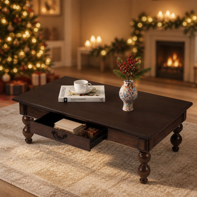Rectangular Vintage Wooden Coffee Table with Storage Drawer and Gourd Legs for Living Room Assembly