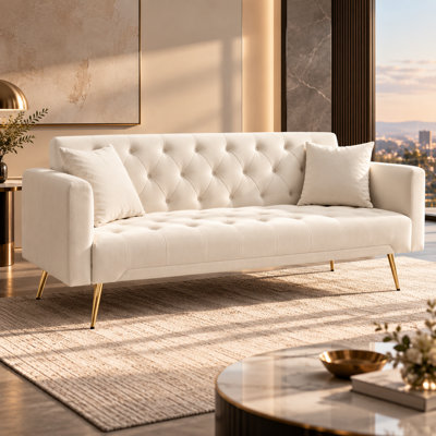 71" Velvet Convertible Futon Sofa Bed with Adjustable Backrest and Diamond-Tufted Design
