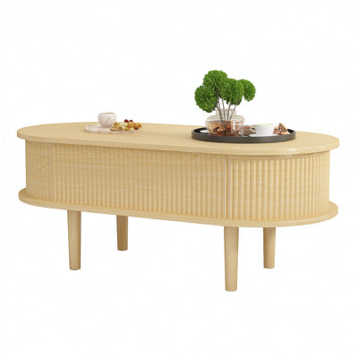 Table basse cannelée à plateau relevable avec compartiment caché, table centrale en bois, conception ovale moderne pour la maison et le bureau, couleur naturelle