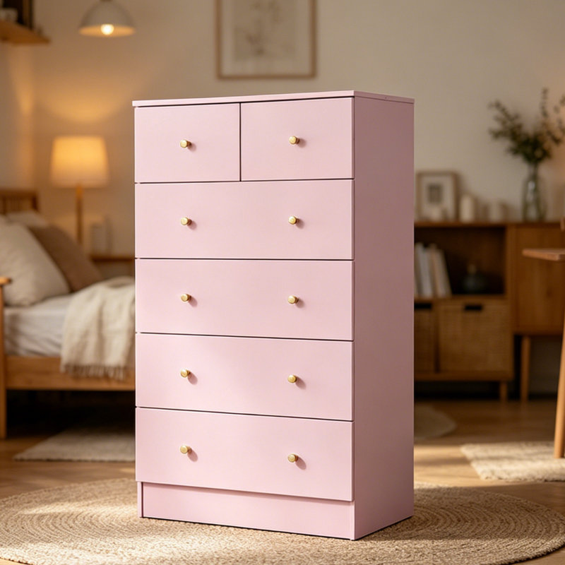 Commode 6 tiroirs en bois avec poignées dorées, armoire de rangement haute pour chambre à coucher et salon - finition rose Macaron