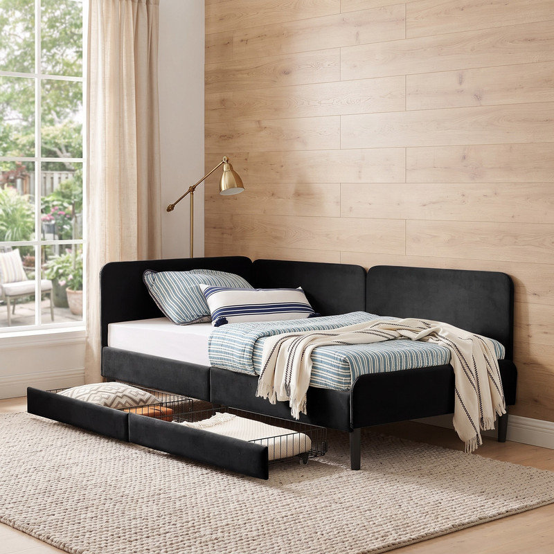 Cadre de lit plateforme rembourré pour lit simple avec deux tiroirs de rangement, canapé-lit ajustable en velours, noir