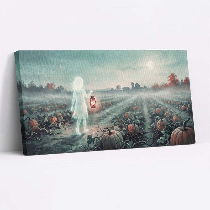 Fille fantôme tenant une lanterne dans un champ de citrouilles - Toile murale d'Halloween, L 40 po x H 20 po