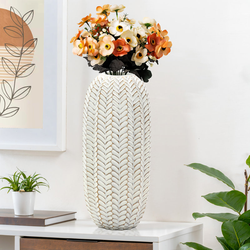 17.3" H Modern Polyresin White Vase with Geometric Pattern, 17.3" H x 7.3" W x 7.3" D