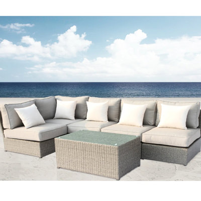 Patio Seating With 4 Spots, Quick Setup, Fully Assembled, Handwoven , All-Weather Gray Cushions, Glass Table 4 Assembled Oversized Deep Seating, Glass-Top Table, Modular & Reversible Design