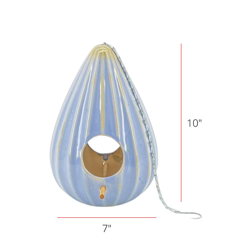 Reactive Blue Ceramic Teardrop Ruffled Hanging Birdhouse