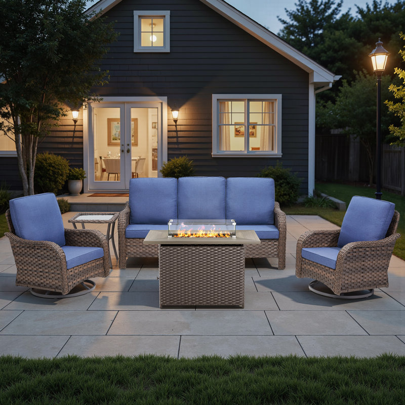 Ensemble de conversation d'extérieur en osier pour 5 personnes avec coussins confortables, Bleu