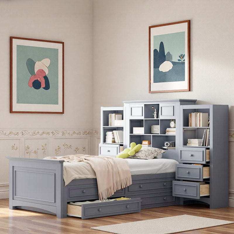 Lit plateforme en bois avec tiroirs et compartiments de rangement, Gris
