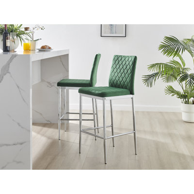 Milton Luxury Breakfast Bar Stool in Quilted Design Velvet Silver Leg - Modern Chic Kitchen