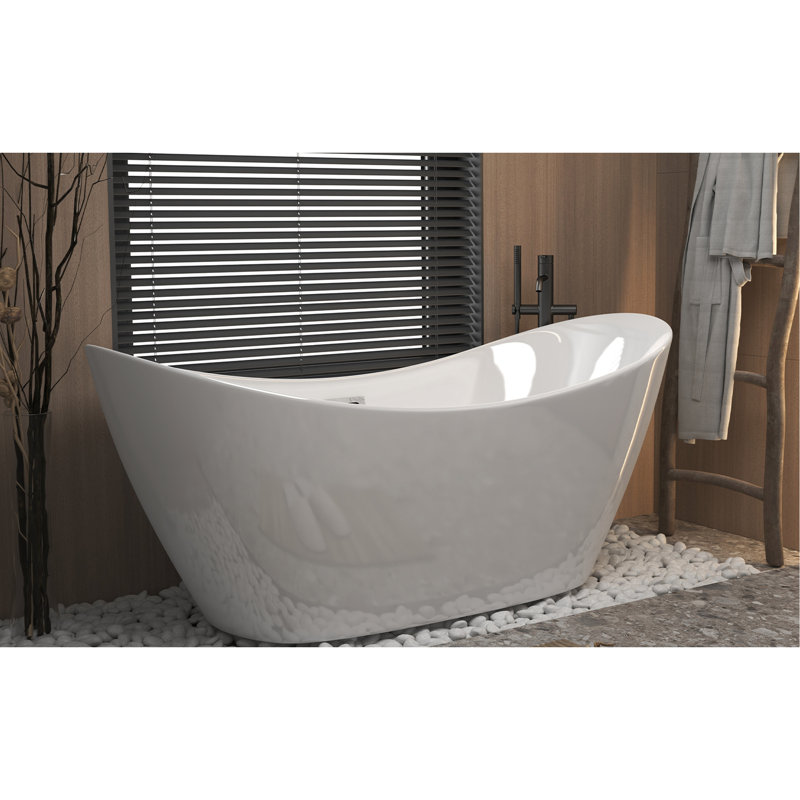 67 - Inch Freestanding Gloss White Acrylic Soaking Tub, Oval Design, Center Drain, Polished Finish, Comfortable And Spacious, Easy To Install On Your Own Bathing Experience, Efficient Drainage System