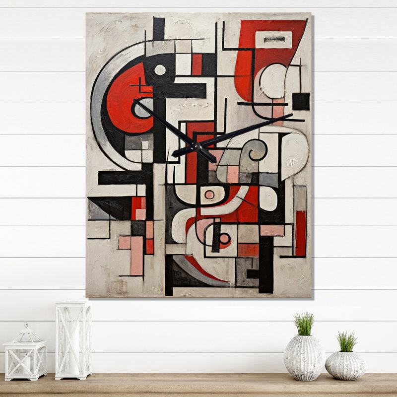 Horloge murale géométrique moderne abstraite Urban Passion - rouge, noir et blanc III, H 40 po x l 30 po x P 1 po