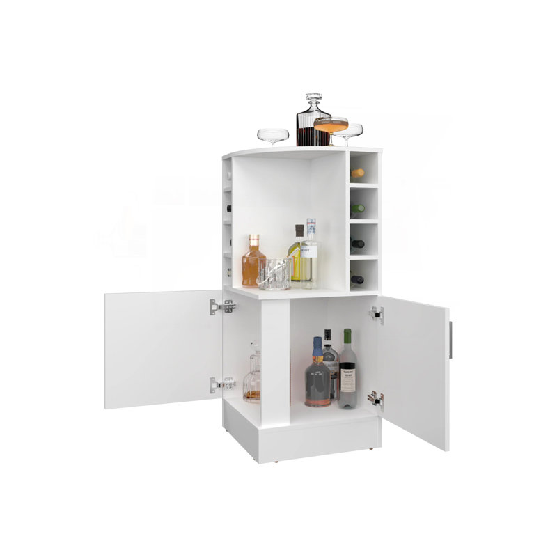 White Corner Bar Cabinet With Bottle Rack And Open Shelf, White