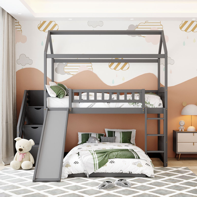 Twin Over Twin Bunk Bed With Two Drawers And Slide, House Bed With Slide, White, Gray
