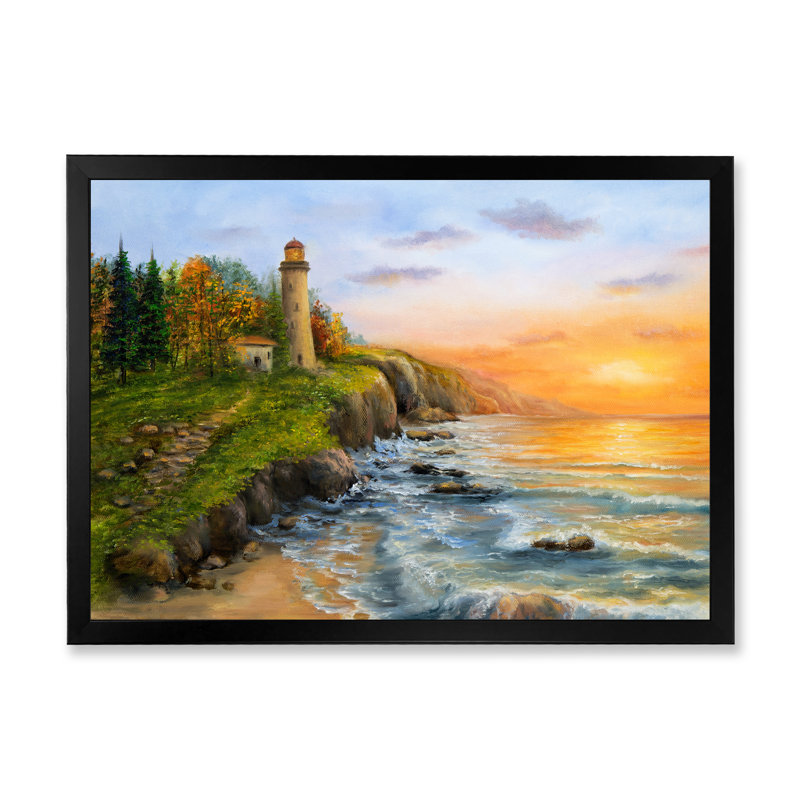 Phare sur les vagues de l'océan - Reproduction de photo sur toile, Cadre photo noir, H 8 po x l 12 po x P 1 po