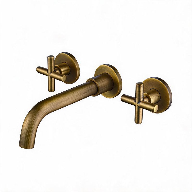 Robinet de lavabo de salle de bain mural en laiton massif bronze avec deux poignées en croix