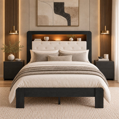 Structure de lit plateforme grand, cadre d'aspect bois noir avec velours doux, système de support à lattes en bois robuste, facile à assembler, aucun sommier requis, mobilier de chambre de luxe