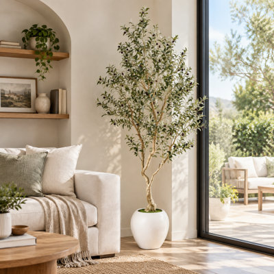 Olive artificielle 8,2 pi avec pot de fleurs blanc - Faux arbre réaliste pour l'intérieur et l'extérieur couvert