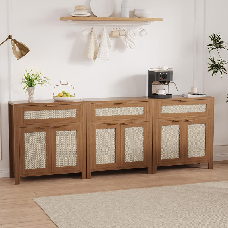 Buffet moderne en rotin, ensemble de 3 buffets étroits avec tablettes réglables, Brun