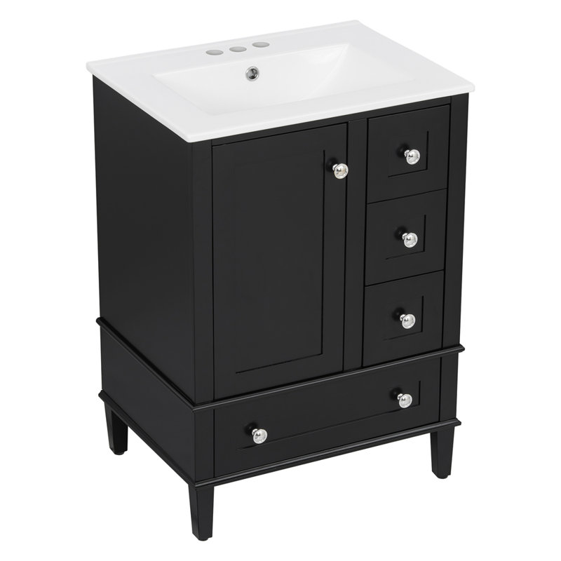 Meuble-lavabo de 24 po avec lavabo en céramique intégré, Noir, Nickel brossé