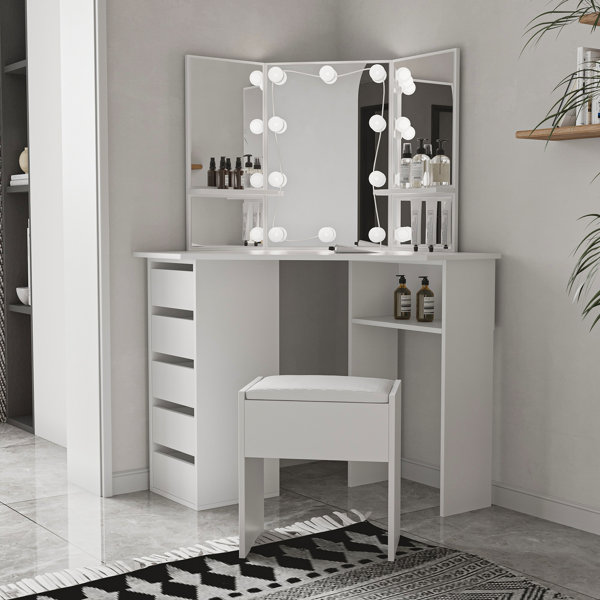 Makeup Vanity Desk with Mirror and Lights Adjustable Brightness 3 Color Modes for Bedroom White, Size: 42.9 x 20.5 x 56.1