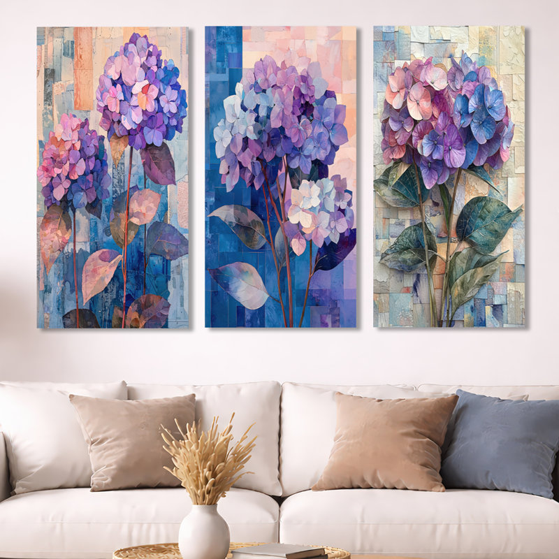 Collage abstrait floral d'hortensia I - botanique, art mural en métal 3 pièces, H 40 po x l 60 po