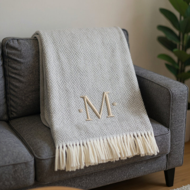 55" X 70" Herringbone Cotton Blend M Initial Throw Blanket with Tassels And Embroidery