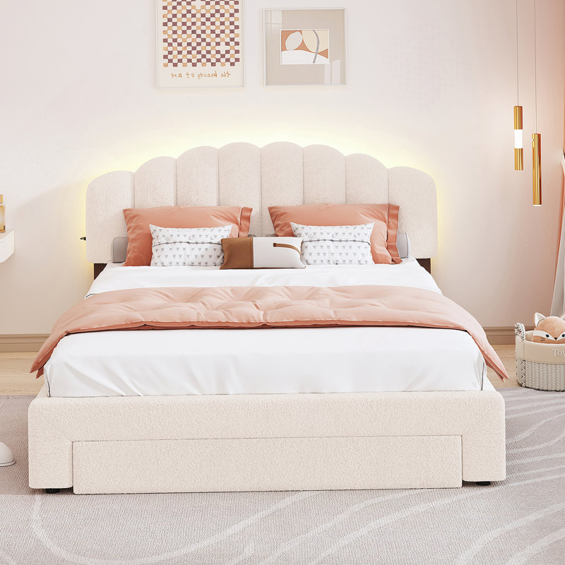 Lit plateforme tapissier avec tiroir, Blanc