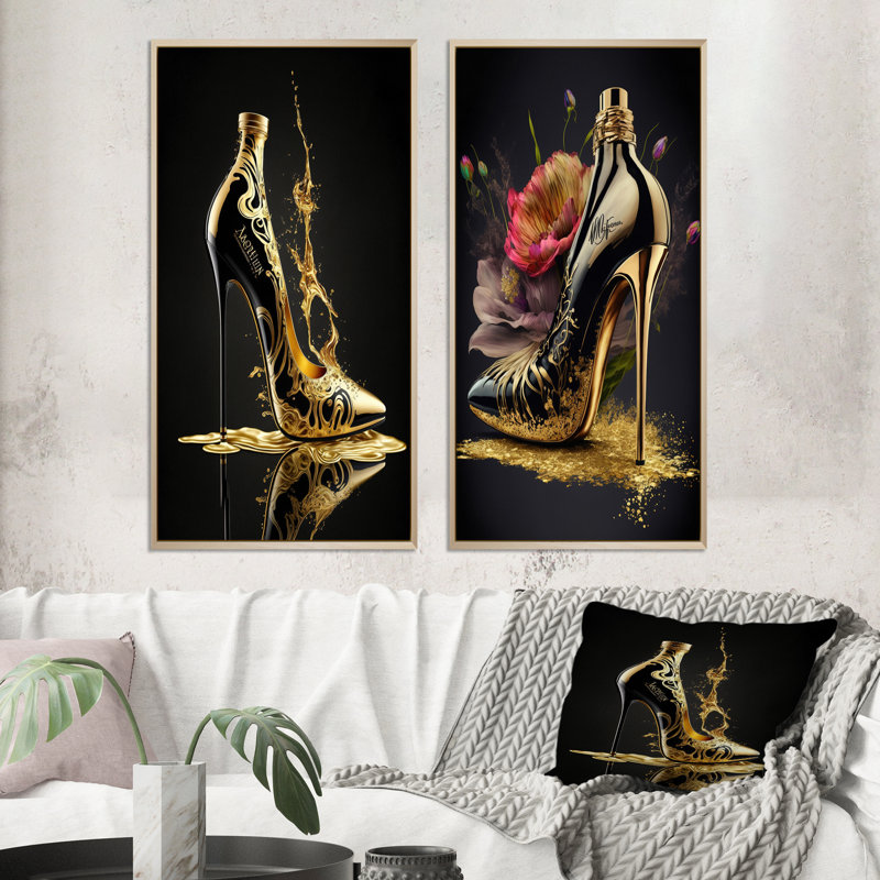 «Golden Drip High Heel», 2 pièces sur toile, H 40 po x l 40 po, Encadrement brun