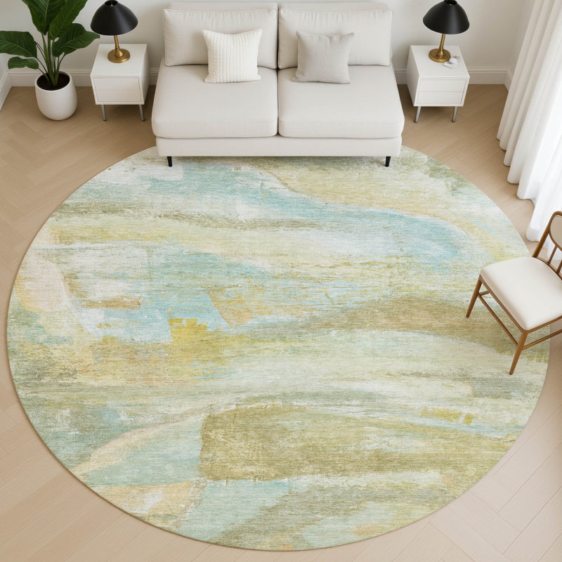 Premium Machine Washable Mayfield AMF2039 Abstract Rug, Beige, 8' Round