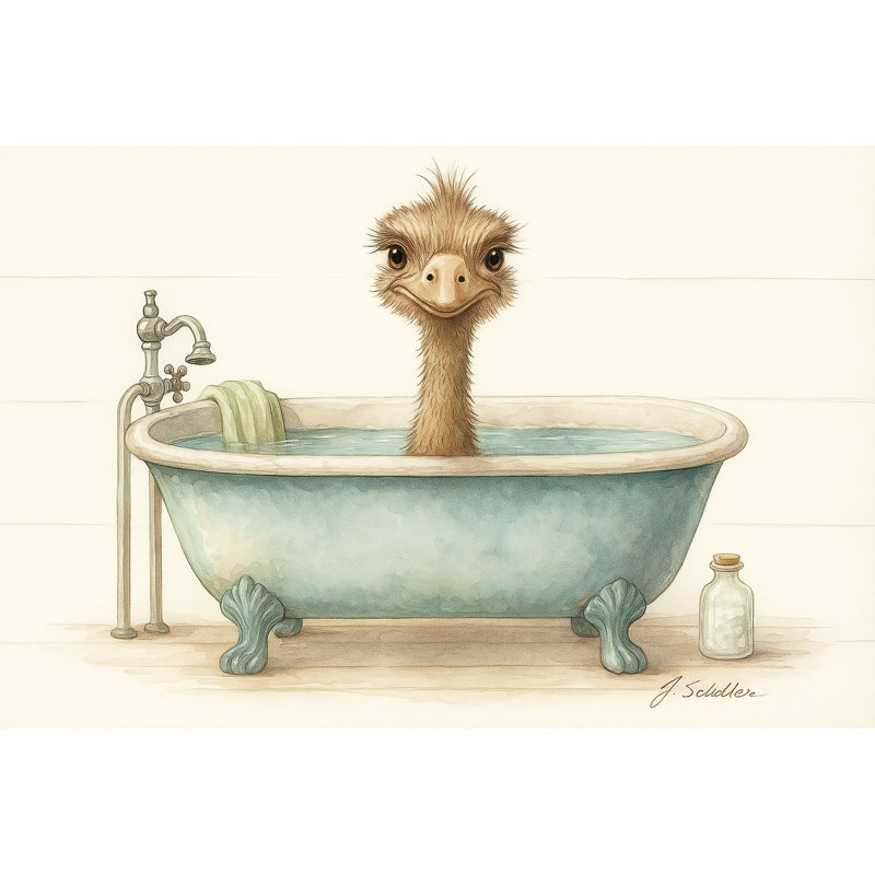 Toile d'autruche - oiseau excentrique dans une baignoire, H 16 po x l 24 po