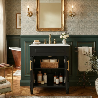 24" Freestanding Bathroom Vanity With Half-Moon Ceramic Sink, Modern Cabinet With 2 Doors And Adjustable Shelf, Green/White/Black