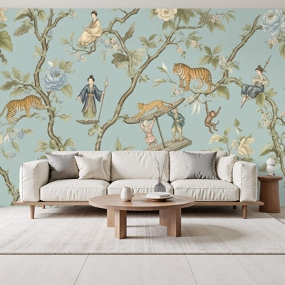 Chinoiserie Peel and Stick Wallpaper Blue Robin Egg Chinoise Exotique Tiger Monkey Human Figures Wall Murals 69"H x 96"W Removable PVC Wall Paper Self-Adhesive Wall Decor for Bedroom Living Room Home Office