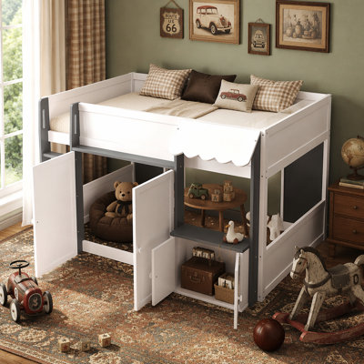 Full Loft House Bed with Playhouse & Storage, Modern Wood Cabin Bed for Kids/Teens, White+Gray