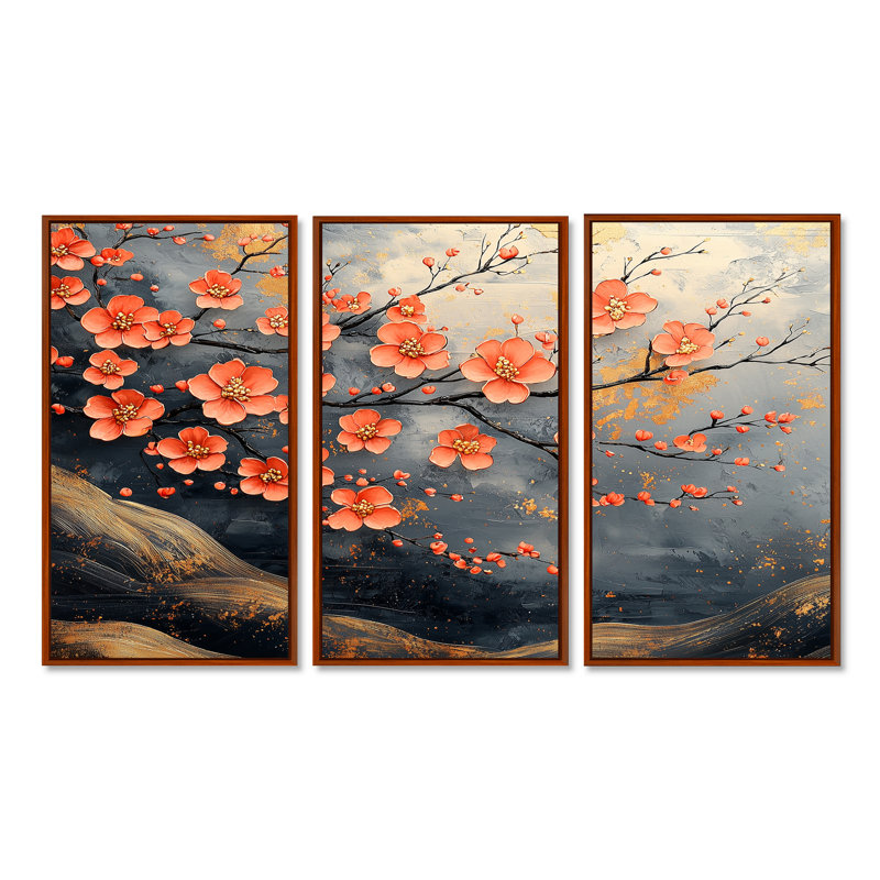 Ensemble de décoration murale branche de fleur d'oranger sur Golden River II - fleur de cerisier, H 32 po x l 48 po x P 1 po