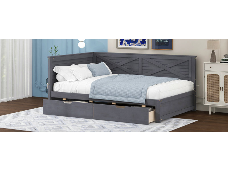 Lit de jour simple en bois avec 2 tiroirs et garde-corps rustique, gris antique