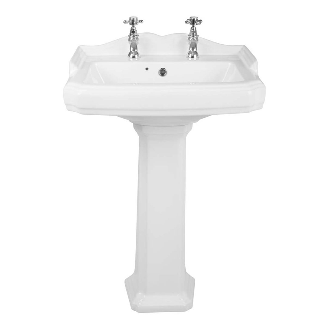 Strathaven 940mm Tall White Ceramic Rectangular Pedestal Bathroom Sink with Faucet and Overflow