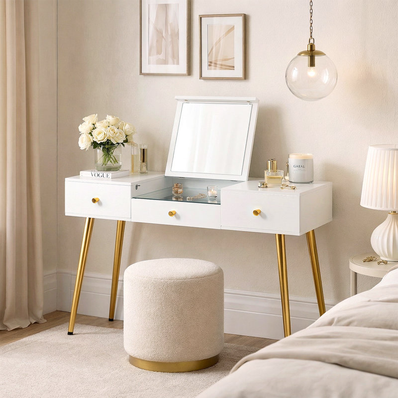 White Dressing Table With Flip-top Mirror And Jewellery Drawer, 106cm