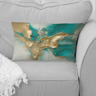 Marbre doré et turquoise Fuild Ink II - Coussin abstrait en marbre