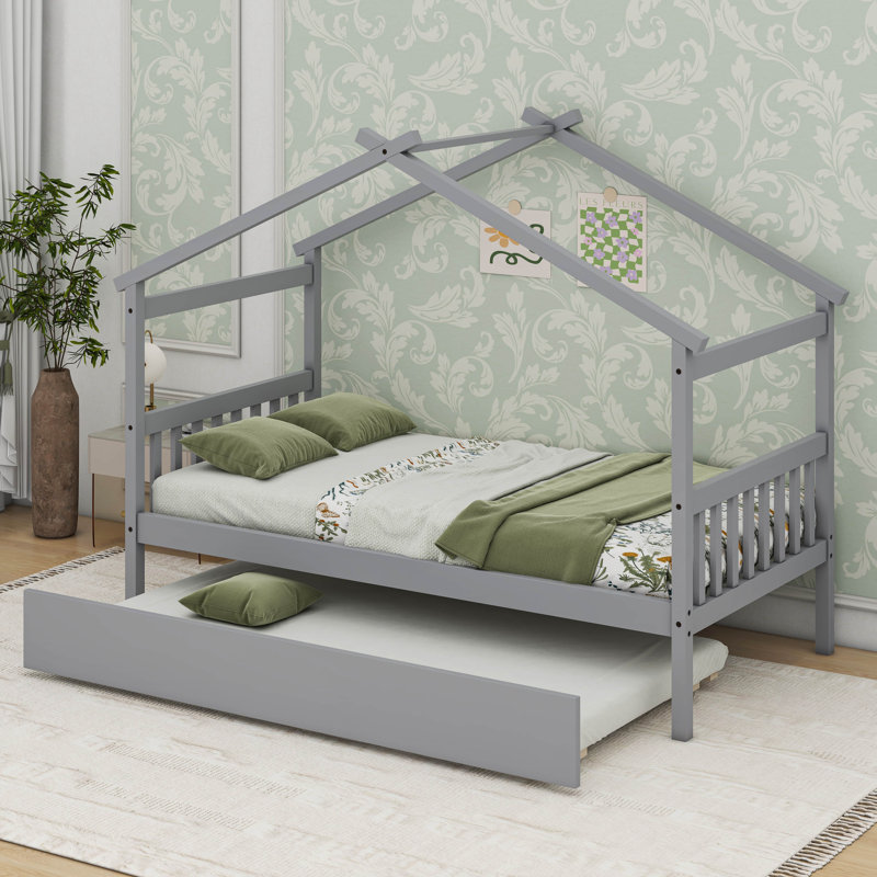 Annais Wooden House Bed with Trundle, Twin, Gray