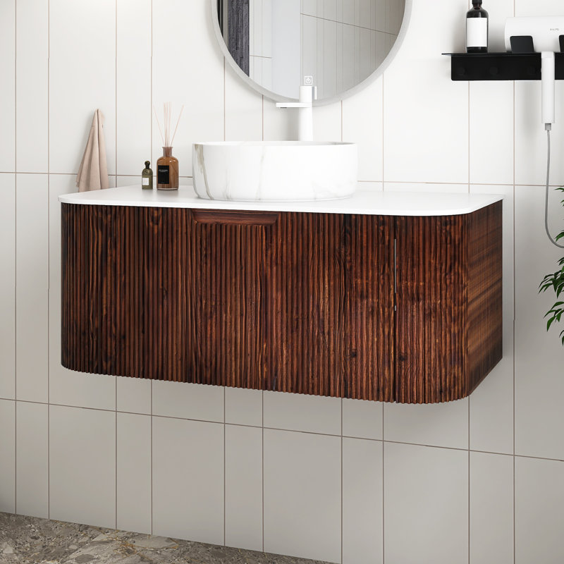 Meuble-lavabo mural avec plateau et tiroir, Noyer, Marbre, 36"