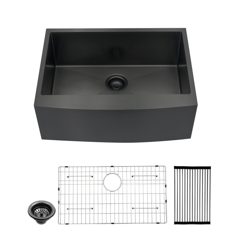 27'' L x 21'' W Farmhouse Nano Titanium-Plated Stainless Steel Kitchen Sink, Gunmetal Black Single Bowl Kitchen Sink with Sink Grid, Strainer and Roll-up Rack