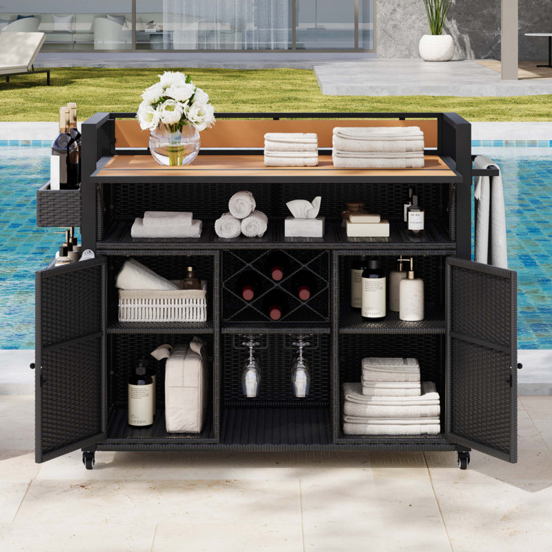 Kylie Wicker Rolling Kitchen Island On Wheels With Storage Cabinet, Black