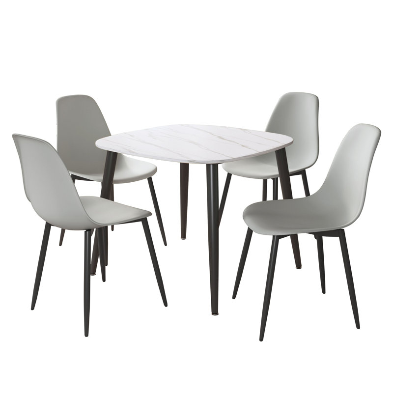 Aspen Gloss White Sintered Stone Square Table with 4 Plastic Curve Chairs - Modern Dining Set, Grey