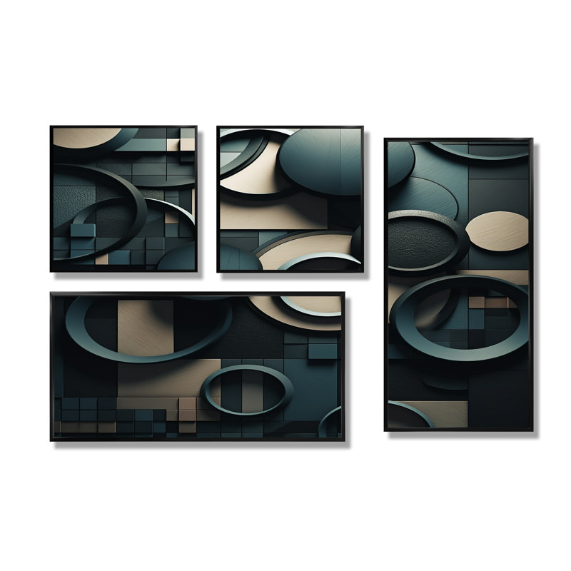 Teal Teal Fragmented Forms - Cubisme abstrait, art mural 4 pièces, Noir, Impression encadrée sans passe-partout