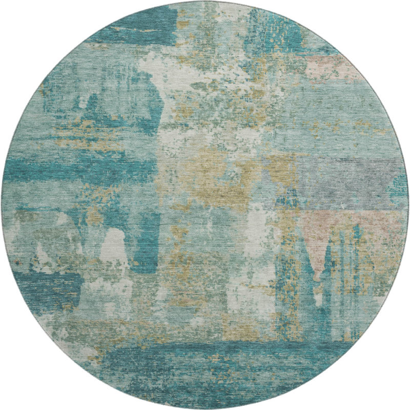 Premium Machine Washable Mayfield AMF2147 abstract Rug, Round 8', Teal
