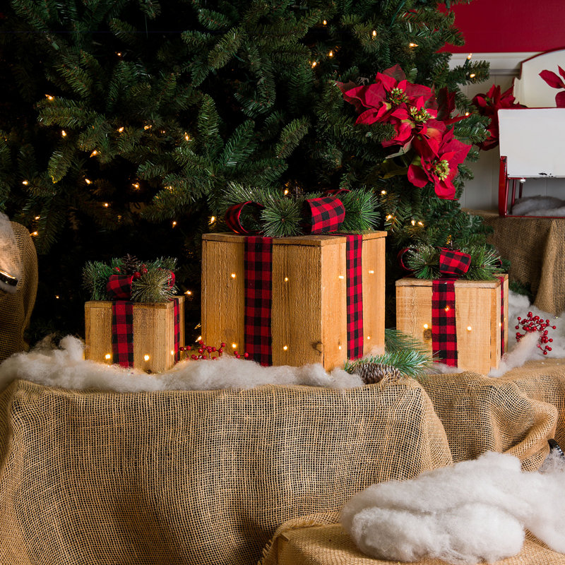 Weather Resistant Wood Christmas Decoration, Red / Black Ribbon