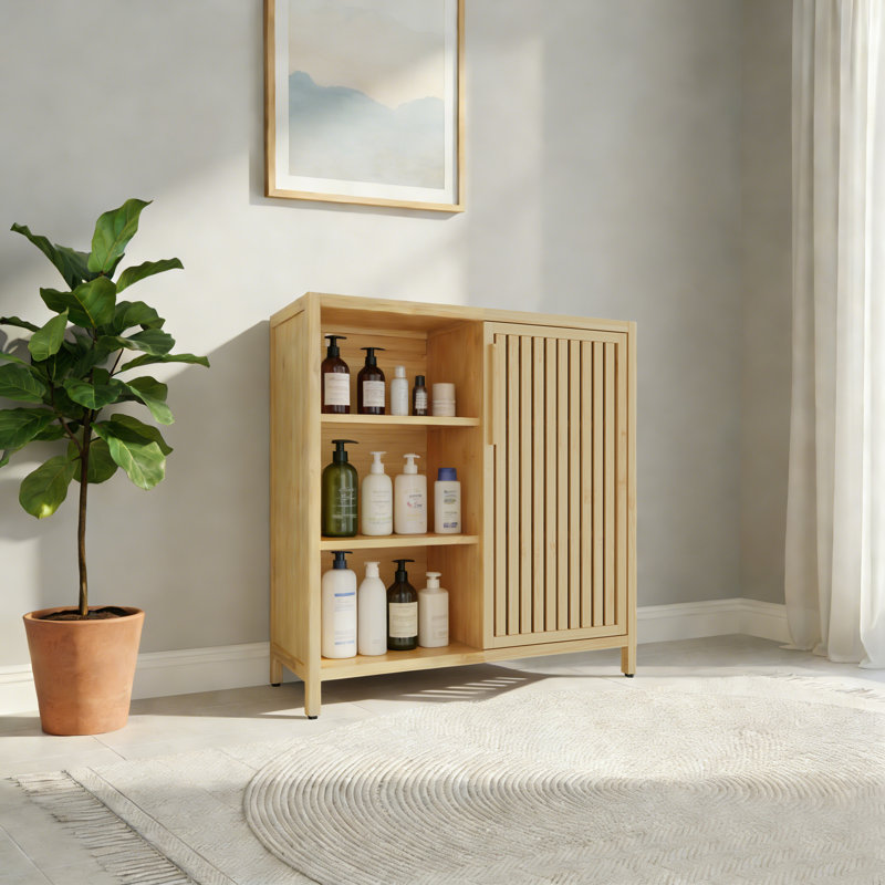Armoire de rangement moderne moderne écologique en bambou naturel avec range-chaussures et buffets avec tablettes réglables et porte à lattes