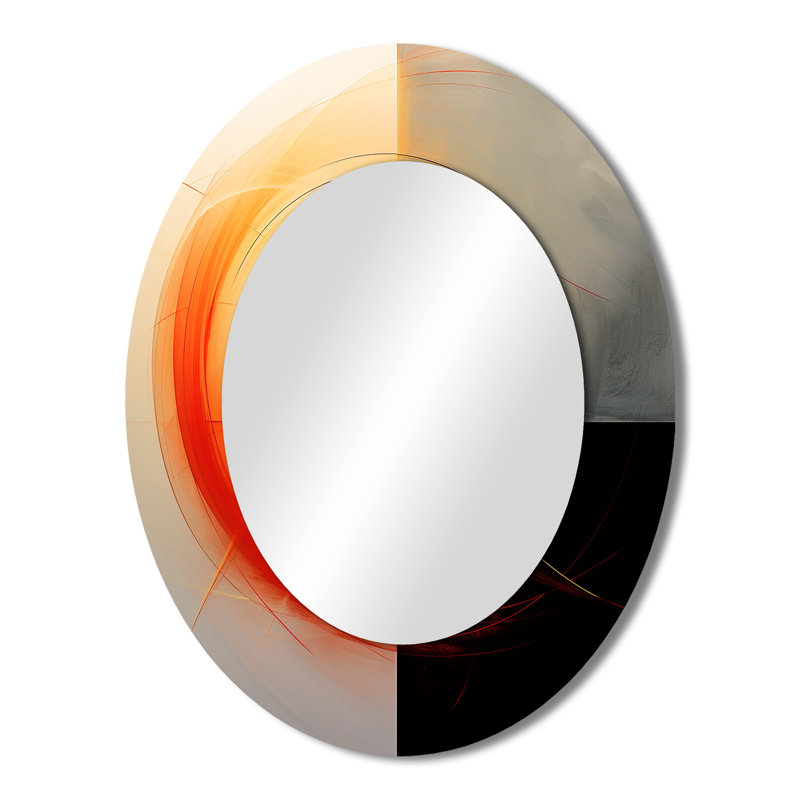 Red Moon Rising Abstract Landscape - Abstract Oval Decorative Mirror On Metal, 43" x 33"