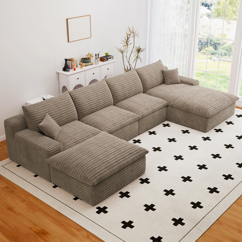 Boneless 136" U Shaped Sectional Couches, Corduroy Sectional Sofa With Reversible Storage Ottoman, 4 Seater Sofa With Throw Pillows Upholstered L-Shaped Couch For Living Room